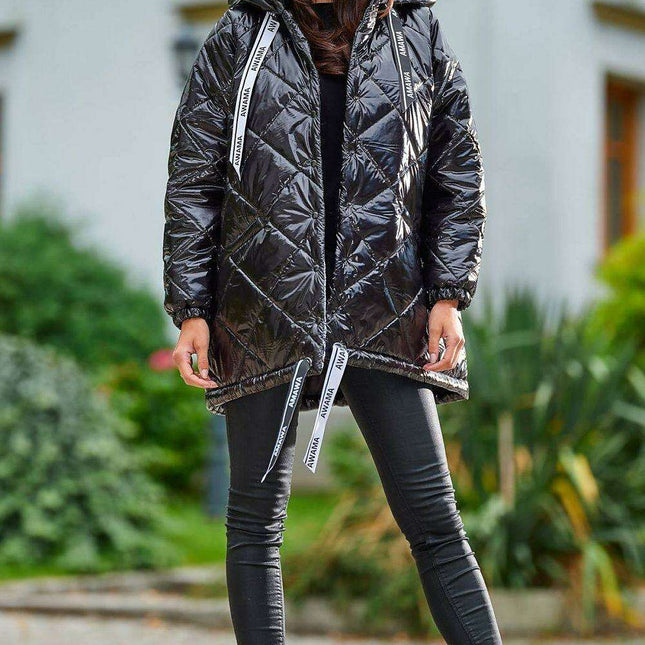 Trendy Oversized Quilted Hooded Jacket with Logo Tape - Très Elite