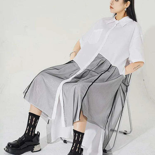 Trendy Plus Size White Mesh Shirt Dress with Irregular Splicing – Short Sleeve Fashion for Spring/Summer 2024