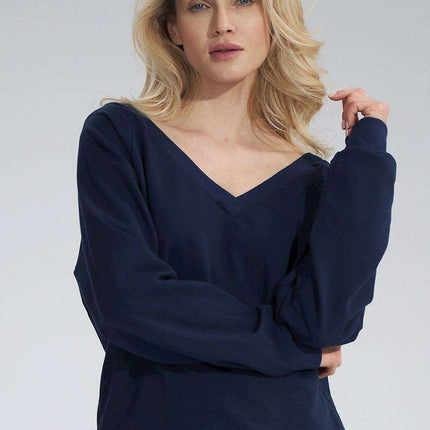 Trendy V-Neck Cotton Sweatshirt with Ribbed Hem and Unique Back Detailing