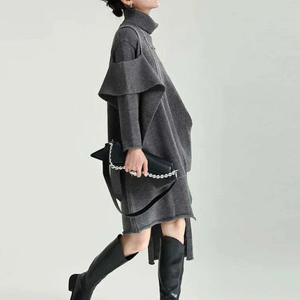Trendy Women's Asymmetrical Gray Knit Turtleneck Dress - Loose Long Sleeve for Spring & Autumn 2024 - Très Elite