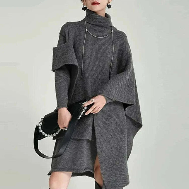 Trendy Women's Asymmetrical Gray Knit Turtleneck Dress - Loose Long Sleeve for Spring & Autumn 2024