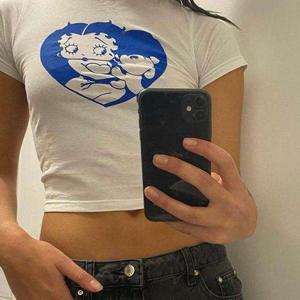 Trendy Y2K Cartoon Graphic Crop Top with Short Sleeves for Casual Wear