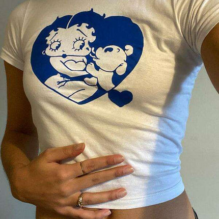 Trendy Y2K Cartoon Graphic Crop Top with Short Sleeves for Casual Wear