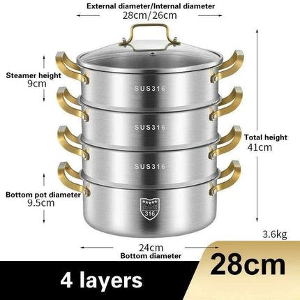 316 Stainless Steel Steamer Pot — Multi-Layer, 4 Sizes