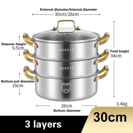 316 Stainless Steel Steamer Pot — Multi-Layer, 4 Sizes