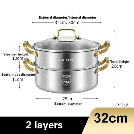316 Stainless Steel Steamer Pot — Multi-Layer, 4 Sizes