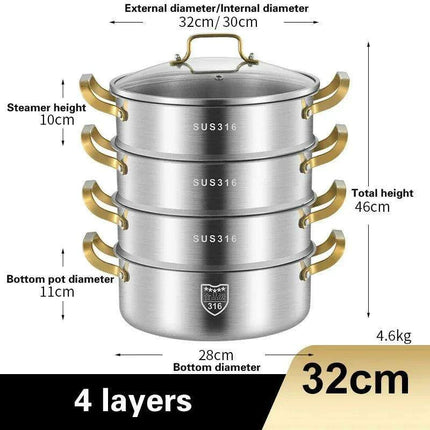 316 Stainless Steel Steamer Pot — Multi-Layer, 4 Sizes