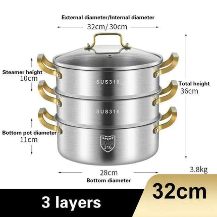 316 Stainless Steel Steamer Pot — Multi-Layer, 4 Sizes