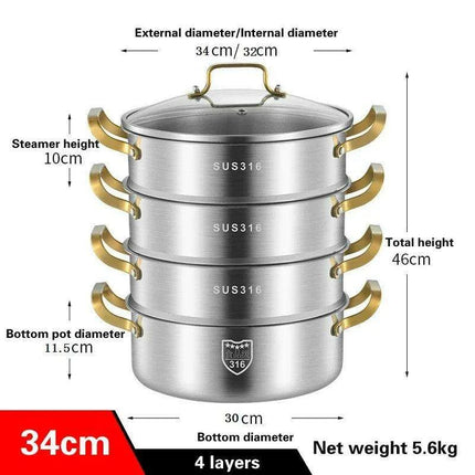 316 Stainless Steel Steamer Pot — Multi-Layer, 4 Sizes