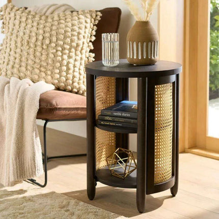 Tropical Charm Caned Round Side Table with Warm Honey Finish – Versatile Elegance for Any Room - Très Elite