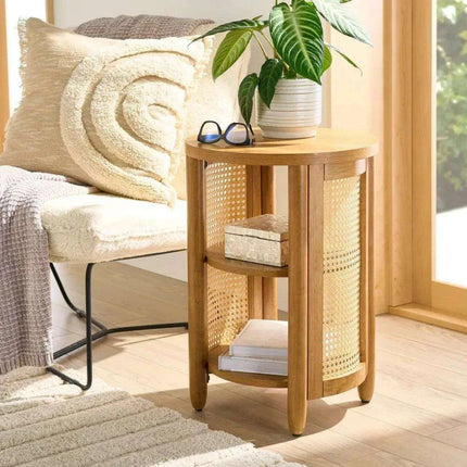 Tropical Charm Caned Round Side Table with Warm Honey Finish – Versatile Elegance for Any Room - Très Elite