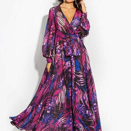 Tropical Elegance: Breezy V-Neck Swing Dress with Lantern Sleeves