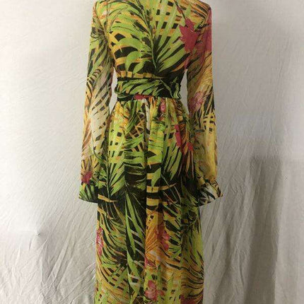 Tropical Elegance: Breezy V-Neck Swing Dress with Lantern Sleeves - Très Elite