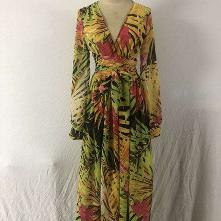 Tropical Elegance: Breezy V-Neck Swing Dress with Lantern Sleeves - Très Elite