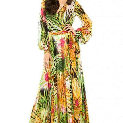 Tropical Elegance: Breezy V-Neck Swing Dress with Lantern Sleeves