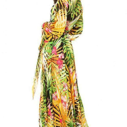 Tropical Elegance: Breezy V-Neck Swing Dress with Lantern Sleeves - Très Elite