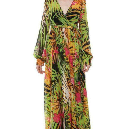 Tropical Elegance: Breezy V-Neck Swing Dress with Lantern Sleeves - Très Elite