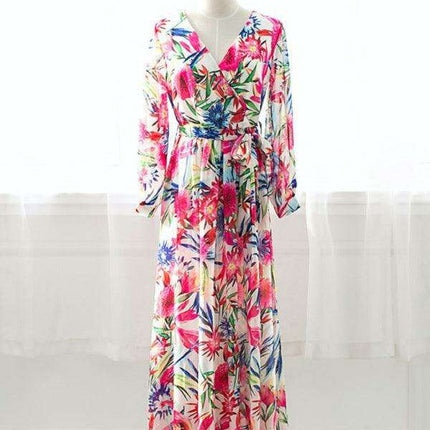 Tropical Elegance: Breezy V-Neck Swing Dress with Lantern Sleeves - Très Elite