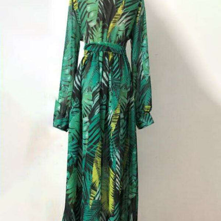 Tropical Elegance: Breezy V-Neck Swing Dress with Lantern Sleeves - Très Elite