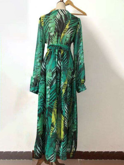 Tropical Elegance: Breezy V-Neck Swing Dress with Lantern Sleeves