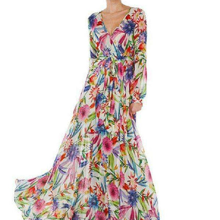 Tropical Elegance: Breezy V-Neck Swing Dress with Lantern Sleeves