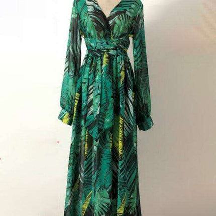 Tropical Elegance: Breezy V-Neck Swing Dress with Lantern Sleeves - Très Elite
