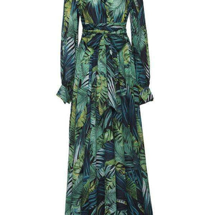 Tropical Elegance: Breezy V-Neck Swing Dress with Lantern Sleeves - Très Elite