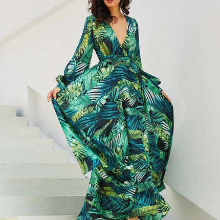 Tropical Elegance: Breezy V-Neck Swing Dress with Lantern Sleeves - Très Elite