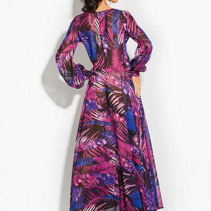 Tropical Elegance: Breezy V-Neck Swing Dress with Lantern Sleeves - Très Elite