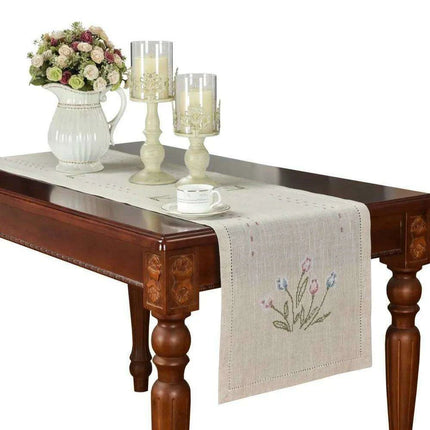 Tulip Elegance Cross-Stitch Table Runner - Exquisite Floral Embroidery - Natural Rustic Appeal - 72" - Perfect for Home, Airbnb, Hotel - Très Elite