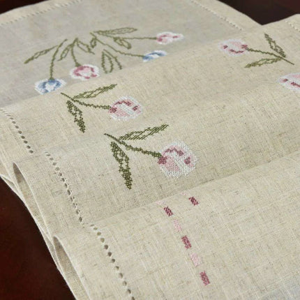 Tulip Elegance Cross-Stitch Table Runner - Exquisite Floral Embroidery - Natural Rustic Appeal - 72" - Perfect for Home, Airbnb, Hotel - Très Elite