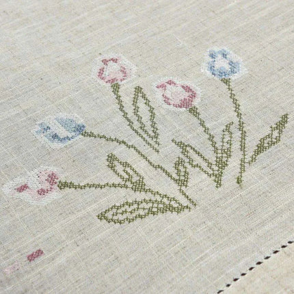 Tulip Elegance Cross-Stitch Table Runner - Exquisite Floral Embroidery - Natural Rustic Appeal - 72" - Perfect for Home, Airbnb, Hotel- Très Elite- Très Elite