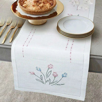Tulip Elegance Cross-Stitch Table Runner - Exquisite Floral Embroidery - Natural Rustic Appeal - 72" - Perfect for Home, Airbnb, Hotel - Très Elite
