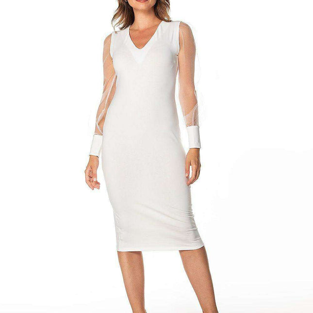 Tulle Sleeve Cotton Knit Midi Dress for Sophisticated Evenings