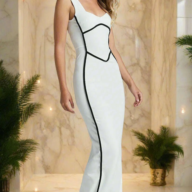 Turn Line Trim Bodycon Stretch Maxi Dress