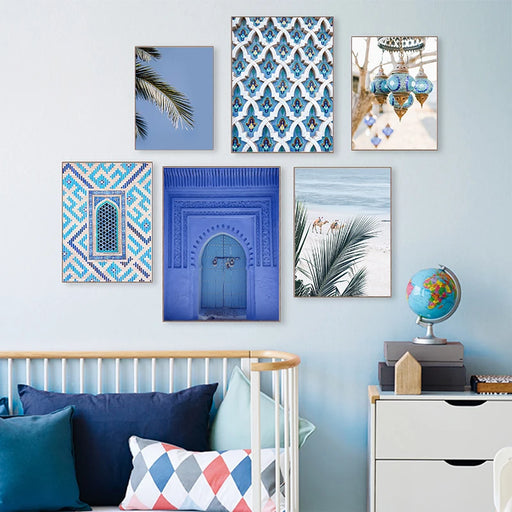 Bohemian Blue Coastal Wall Art Canvas with Moroccan Elements