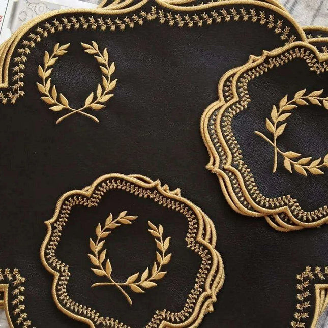 Sophisticated Faux Leather Embroidered Dining Table Ensemble with Runner & Napkins - Perfect for All Celebrations