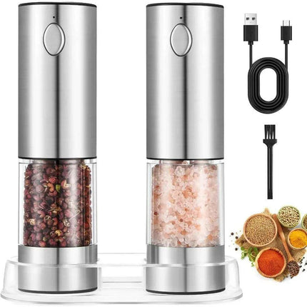 USB Rechargeable Electric Salt and Pepper Mill Set with Customizable Grind Settings and Illuminating LED - Très Elite