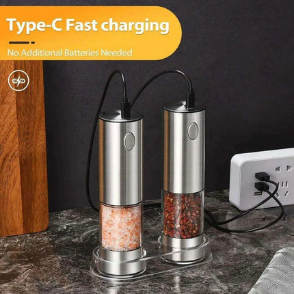 USB Rechargeable Electric Salt and Pepper Mill Set with Customizable Grind Settings and Illuminating LED - Très Elite