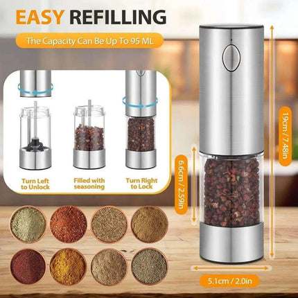 USB Rechargeable Electric Salt and Pepper Mill Set with Customizable Grind Settings and Illuminating LED - Très Elite