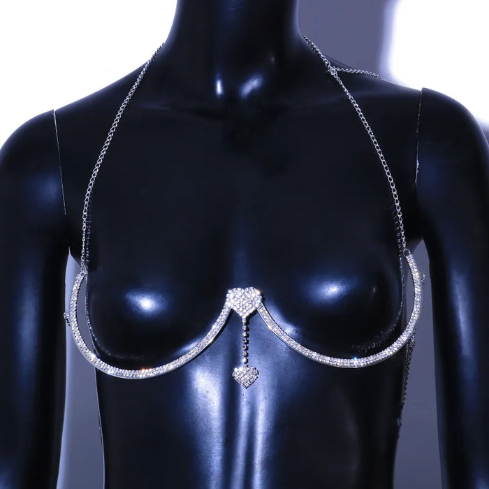 Elegant Double Heart Rhinestone Chest Chain - Crystal Body Adornment for Women