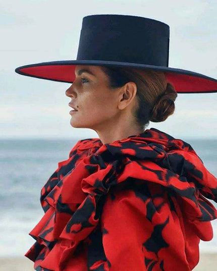 Elegant Two-Tone Red and Black Wool Fedora Hat for Women - Stylish Winter Accessory for Special Occasions