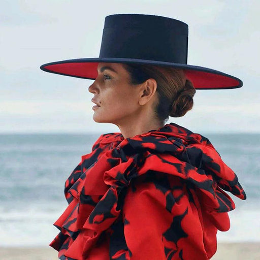 Elegant Two-Tone Red and Black Wool Fedora Hat for Women - Stylish Winter Accessory for Special Occasions