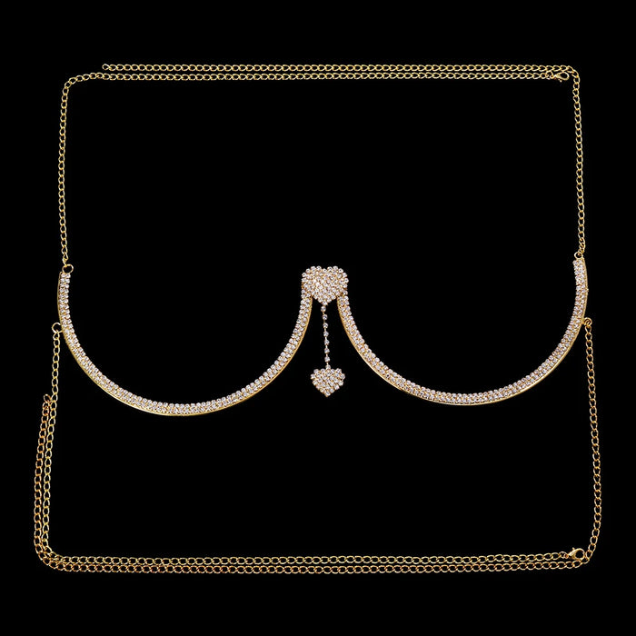 Elegant Double Heart Rhinestone Chest Chain - Crystal Body Adornment for Women