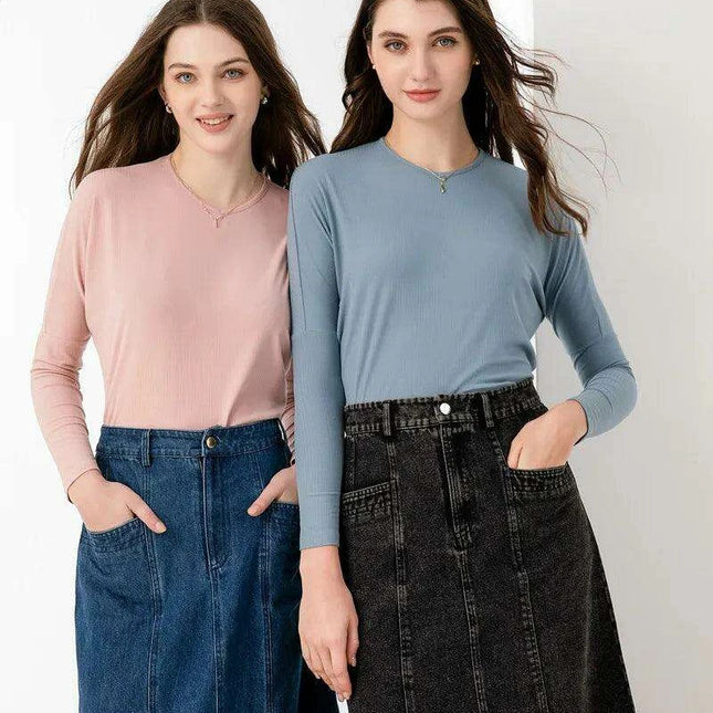 V-Neck Loose Fit Batwing Sleeve Ribbed Top for Summer Women