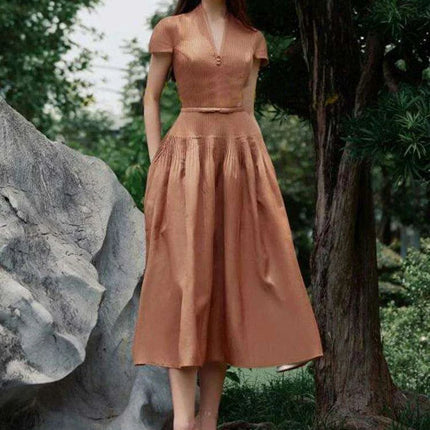 V-neck Bowknot High-Waisted Pleated A-line Evening Dress for Women - Très Elite