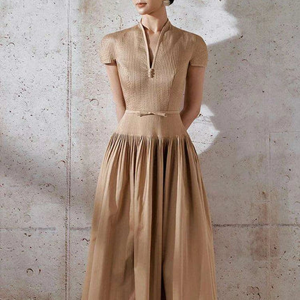 V-neck Bowknot High-Waisted Pleated A-line Evening Dress for Women - Très Elite