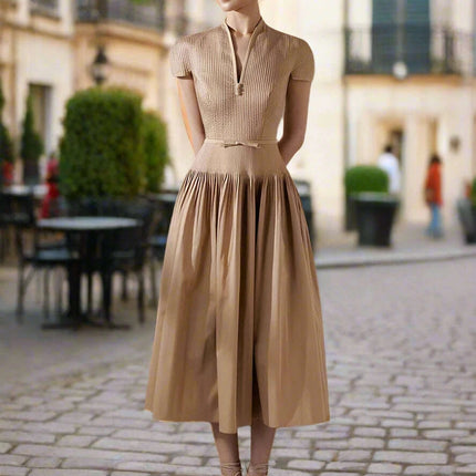 V-neck Bowknot High-Waisted Pleated A-line Evening Dress for Women - Très Elite