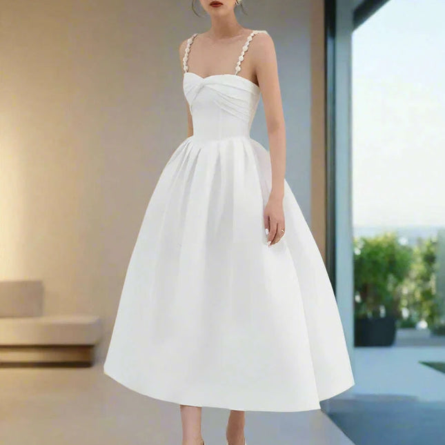 V-neck Pleated Solid Color High Waist Evening Dress for Women