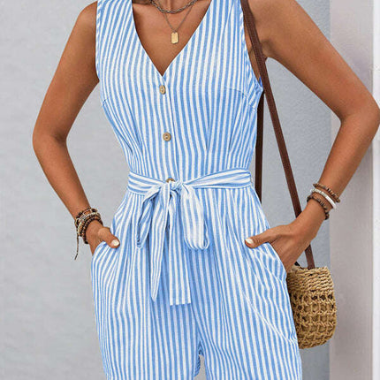V-neck sleeveless striped jumpsuit